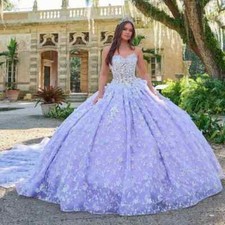 Lavender Sweetheart Quinceanera Floral Lace Ball Gown Long Train Formal Dresses