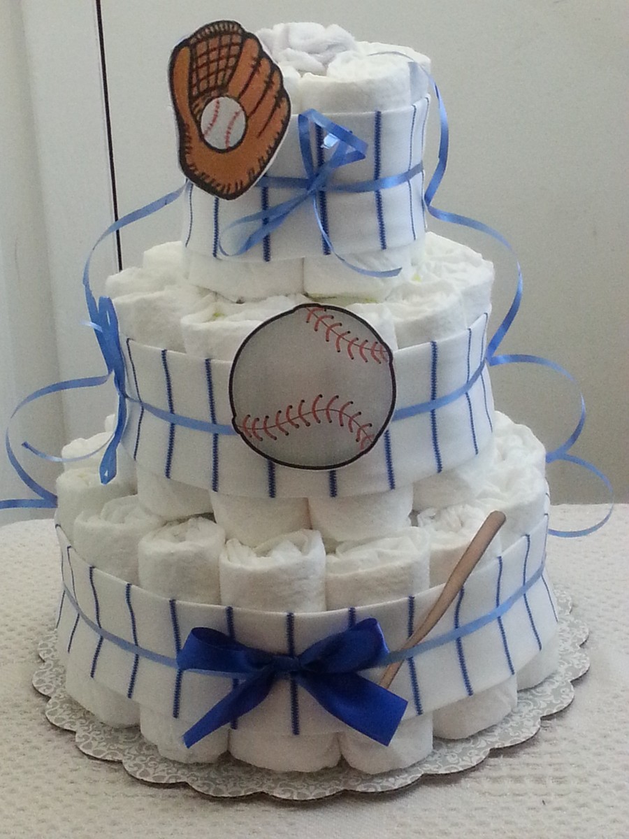 Tier Diaper Cake Blue White Pinstripe Baseball Baby Shower Gift  Centerpiece