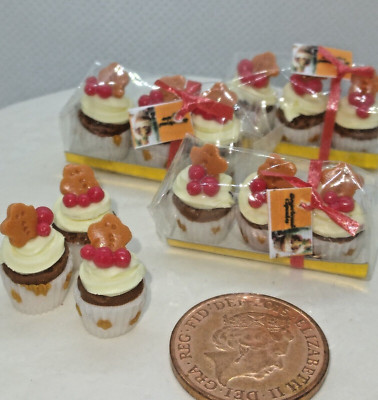 Dolls house 3 Miniature Gingerbread man and cherry cupcakes in gift box 1/12  HM