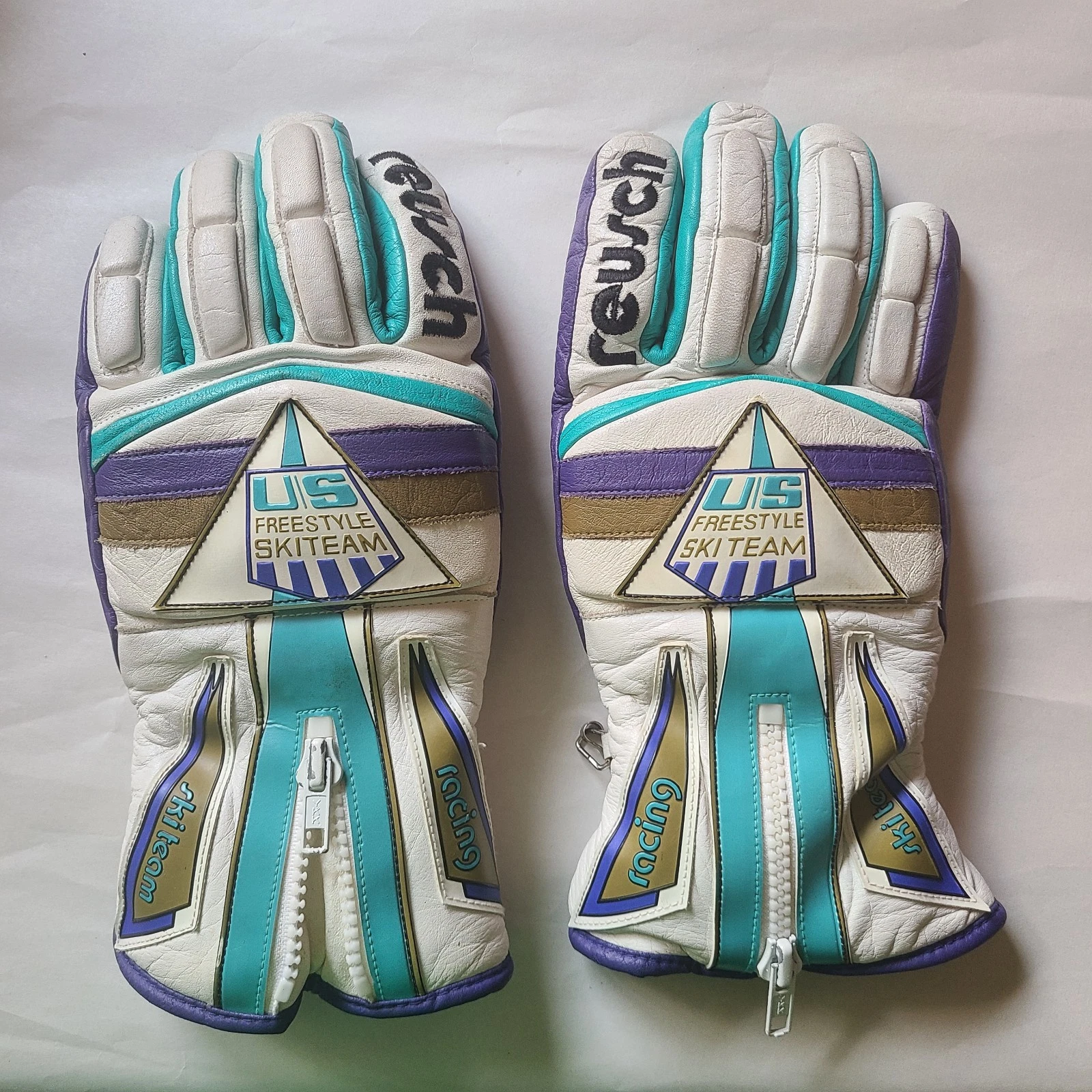 Vtg Reusch US Freestyle Ski Team Racing Winter Gloves Leather Sz M EU 8 White