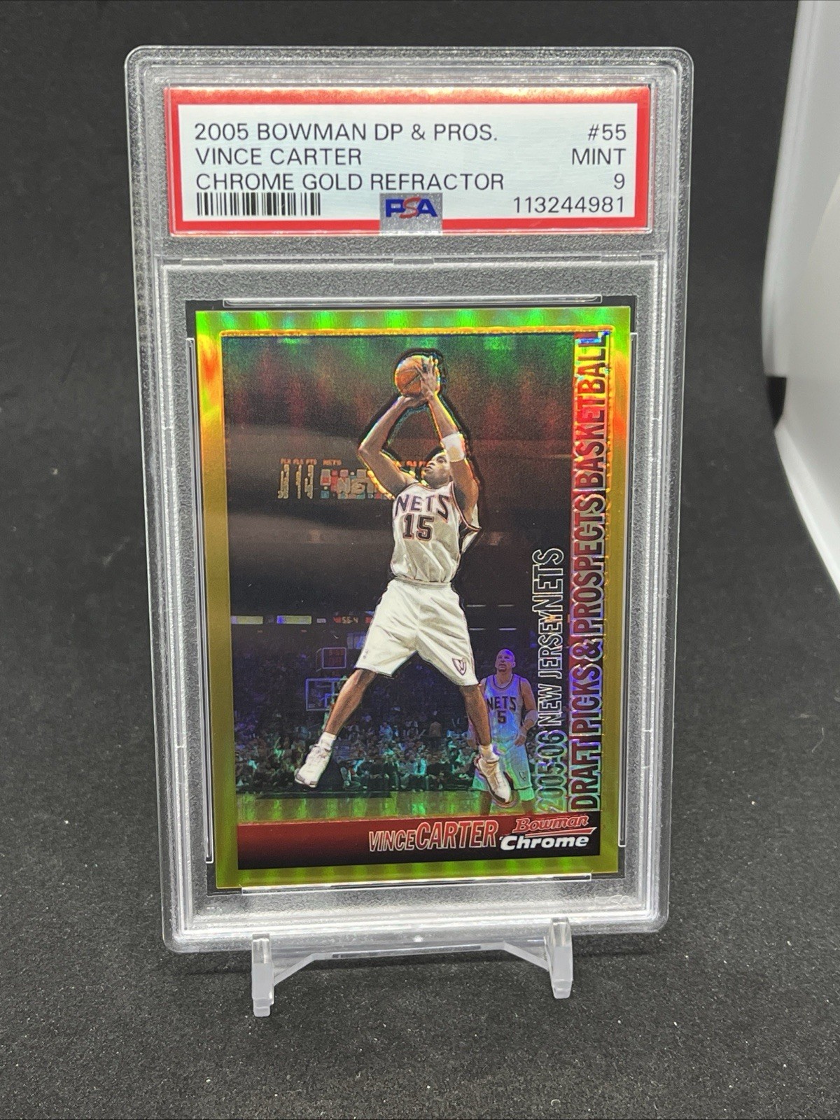 2005/06 Bowman Chrome VINCE CARTER GOLD REFRACTOR NETS 01/50 #55 PSA 9 MINT