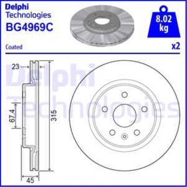 Delphi 2X Bremsscheibe Hinten Ø315 Mm BelüFtet FüR Opel Insignia B Caravan Z18-image