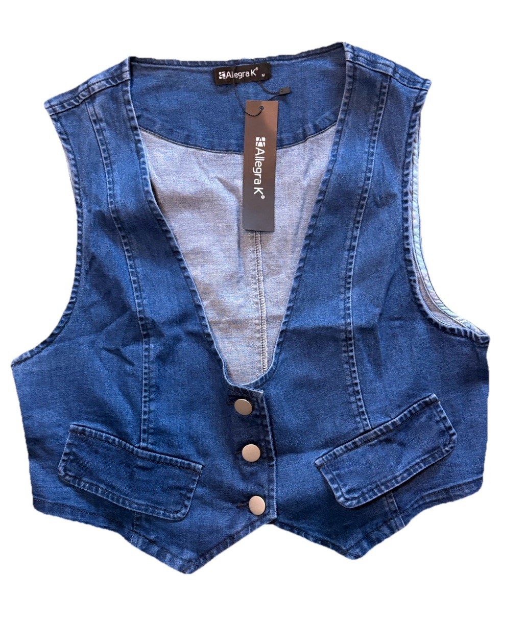 Allegra K Women’s Denim Vest Button Front Sleeveless Blue Casual Top Size Medium