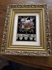 Putting On The Ritz Framed Ribbon & Lace Floral Art Shadow Box Gold Frame