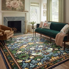 Strawberry Thief Area Rug Dark Green, Ultra Thin 5X7 Washable Rug, Modern Abstra