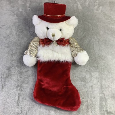 Dan Dee Bear Plush Christmas Stocking 3D White Red Gold Hat Bow Tie 21'' Metallic
