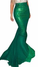 Women High Waist Sequins Mermaid Long Tail Maxi Skirt with Asymmetric Mesh Panel