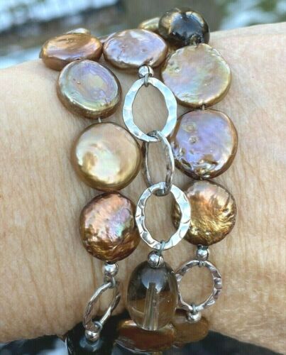 Silpada Sterling Silver Bronze Coin Pearl & Smoky Quartz Bracelet B1850 - Picture 3 of 4