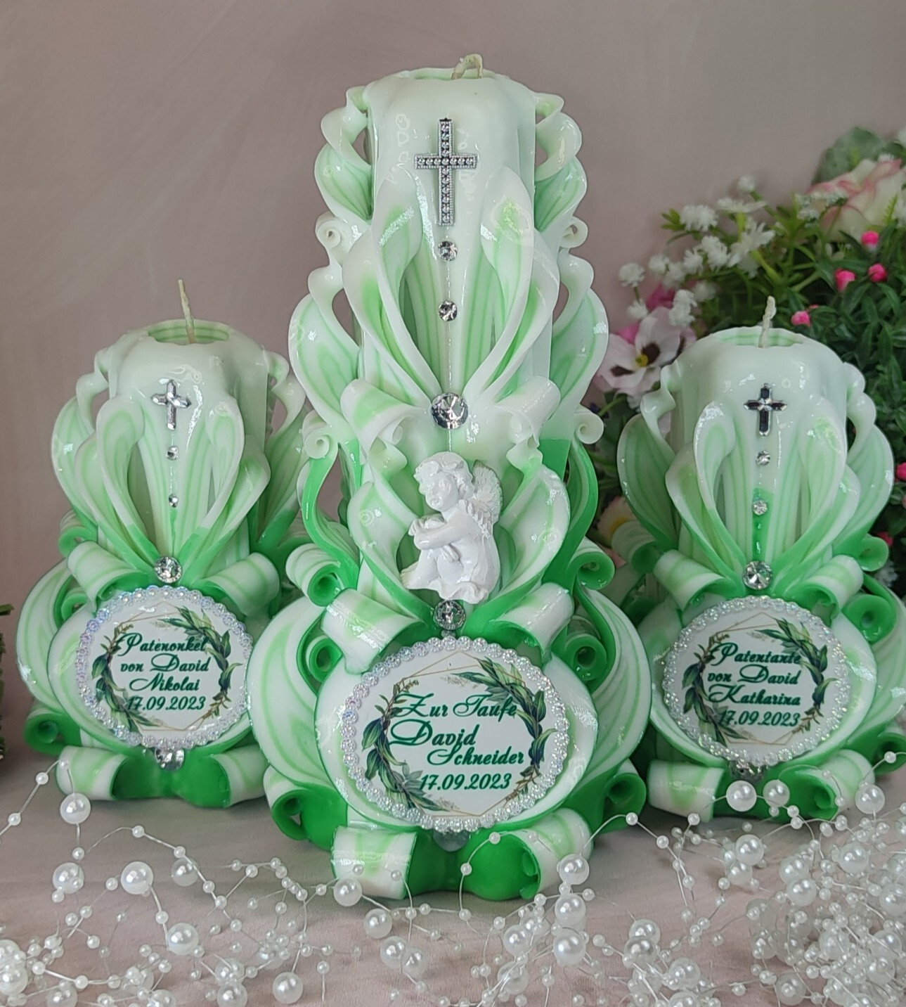 Geschnitzte Kerze zur Taufe / Kommunion / Konfirmation – handgemacht & einzigart