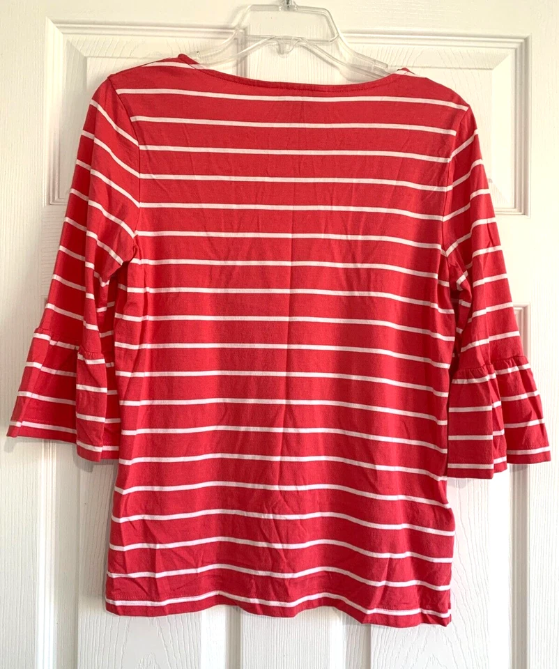 Tommy Bahama Top 女式 XS 粉色白色条纹 3/4 喇叭袖海滩 — 第 2/4 张图片