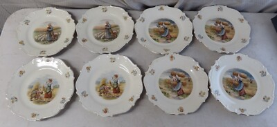 Vintage Set of 8 Schumann Bavaria 8in Gold Rim Plates - VERY RARE DESIGN