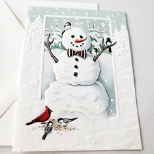 Vintage Christmas Card Christmas Biscuits Jolly Snowman Birds Cardinal Embossed 