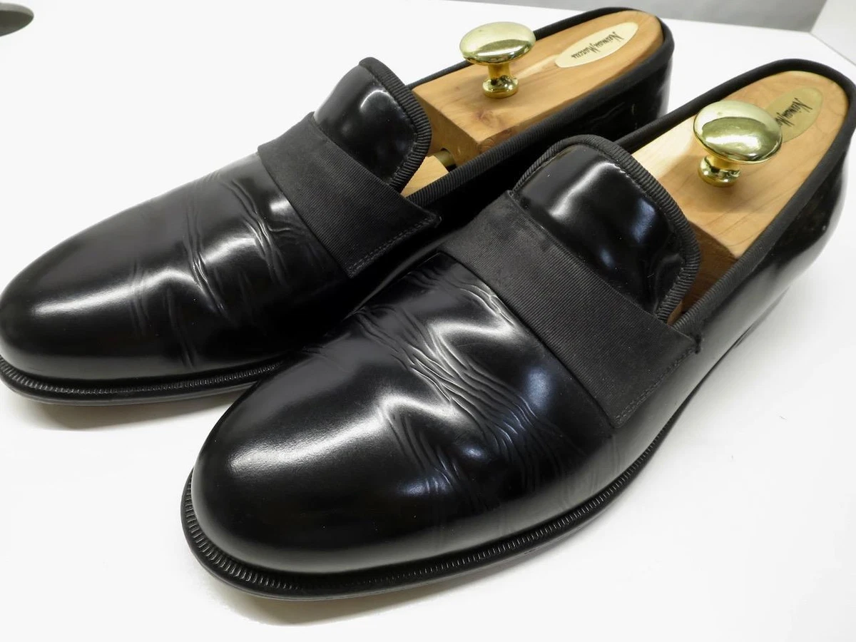 SALVATORE FERRAGAMO shiny leather tuxedo loafers grosgrain strap