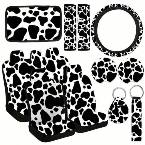 JZH7-15pcs Comfort Car Accessory Set - Cow Print Design Includes Seat Covers, S