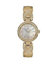 NEW VP BY TIMEX GOLD,CRYSTALS,MOP DIAL,ROMAN #'S,LINK BRACELET WATCH-CC3D80400