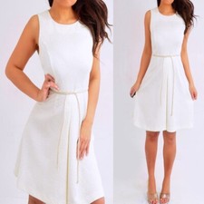 JLO Jennifer Lopez Ivory Cream Textured A Line Belted Dress 8 M NWT