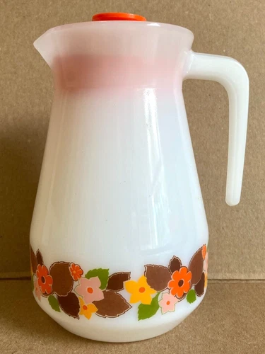 Schott Mainz Jena Glas Milk Glass Pitcher Jug Fall Flowers Orange Brown Vintage