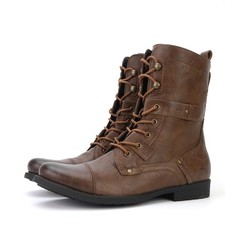 Motorcycle Men's Faux Leather Ankle Boots Side Zip Shoes Lace Up Round Toe Retro