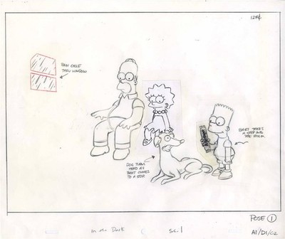 Original Production Drawing of Homer, Lisa, Bart and Santa's Little