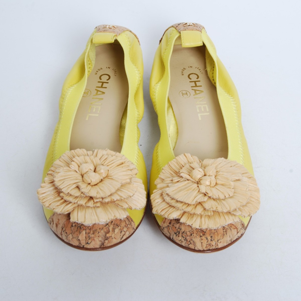 CHANEL Women Yellow Ballet Flats Leather Floral Embroidered