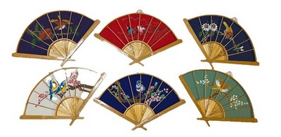 6 Vintage Fabric Bamboo Fans Wall Hanging Hand Painted Floral Bird Tree Branch