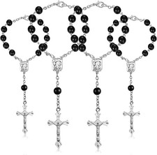 4 Pack Auto Rosary Rearview Mirror Cross Crucifix Black Beads Car Hanging Decor