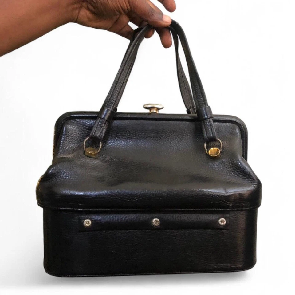 RARO Justin Bolso Médico Médico Vintage Cuero Negro Cartera Latón Bloqueo Giratorio Foto 3 de 4