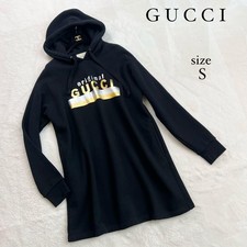 USED GUCCI COTTON PULLOVER HOODED SWEATSHIRT DRESS WITH GOLD LOGO, BLACK, SIZE
