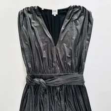 Halston Heritage Black Plunge Gown Metallic Wrap Belted Jersey Maxi Formal Prom