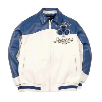 1978  White & Blue Soda Club Leather Zip-Up Jacket Men's Bombe