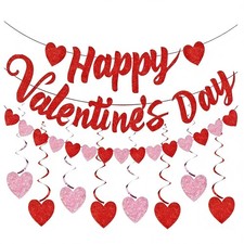 Valentines Day Decorations Glitter Happy Valentines Day Banner with Red Heart...
