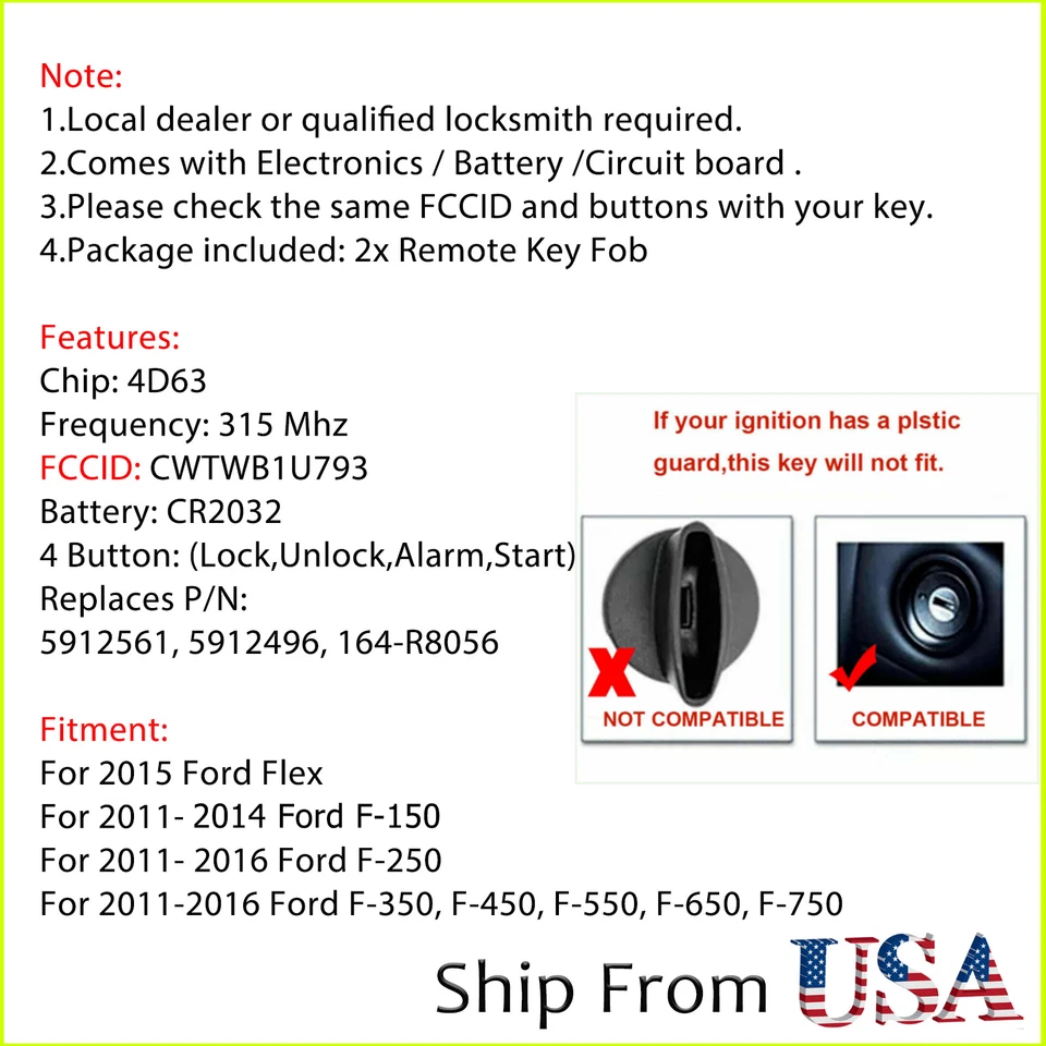 2 para Ford F150 2011 2012 2013 2014 entrada sin llave coche mando a distancia CWTWB1U793 Foto 2 de 4