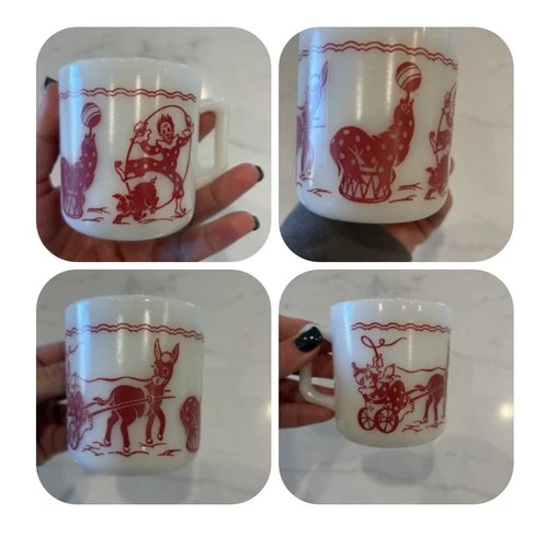 1 VTG Hazel Atlas Child Milk Glass Mug Cup 6 Oz Red Circus Clowns Animal Donkey