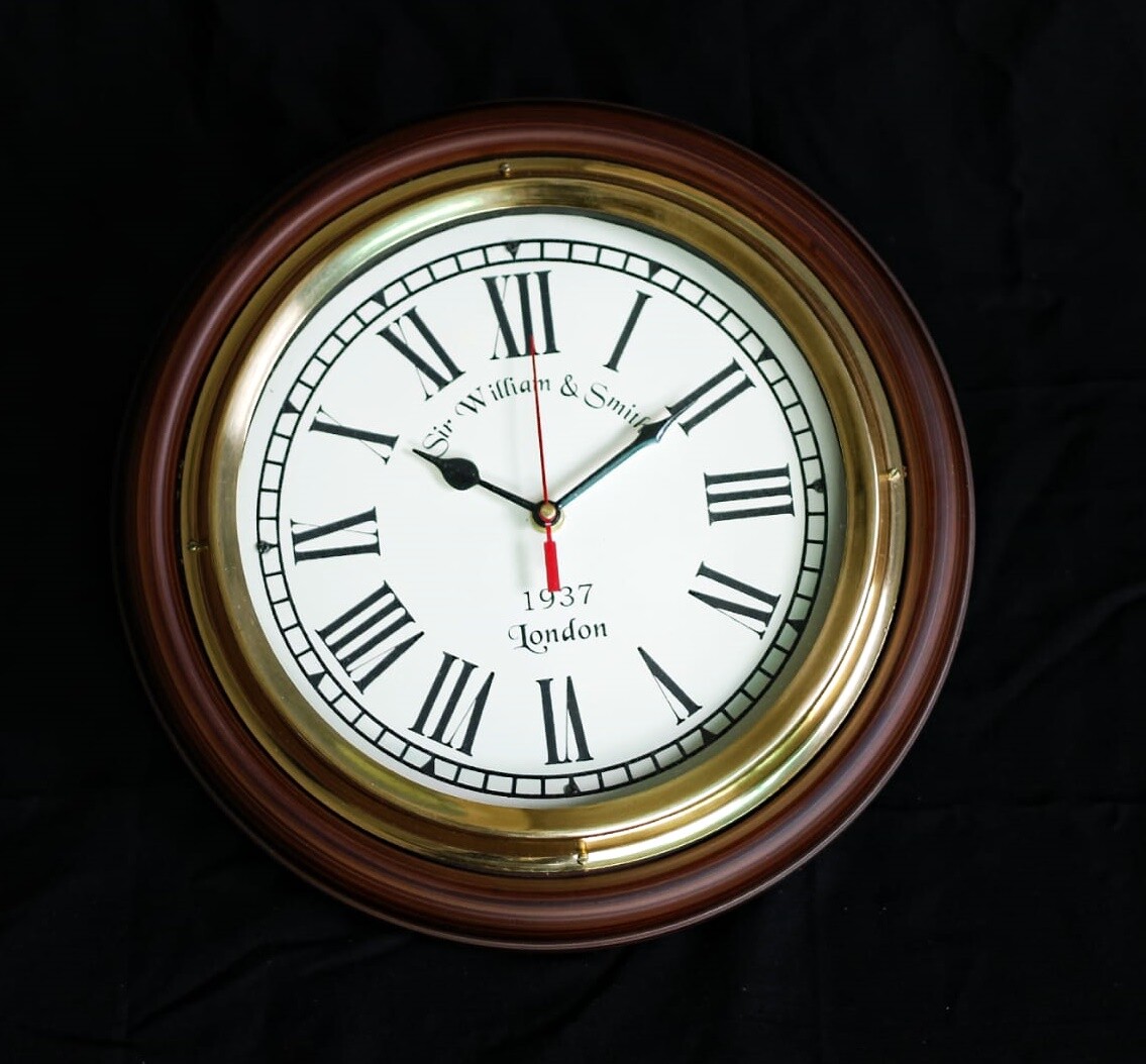 Wooden Wall Clock Antique Design Handcarved and Brass Construction