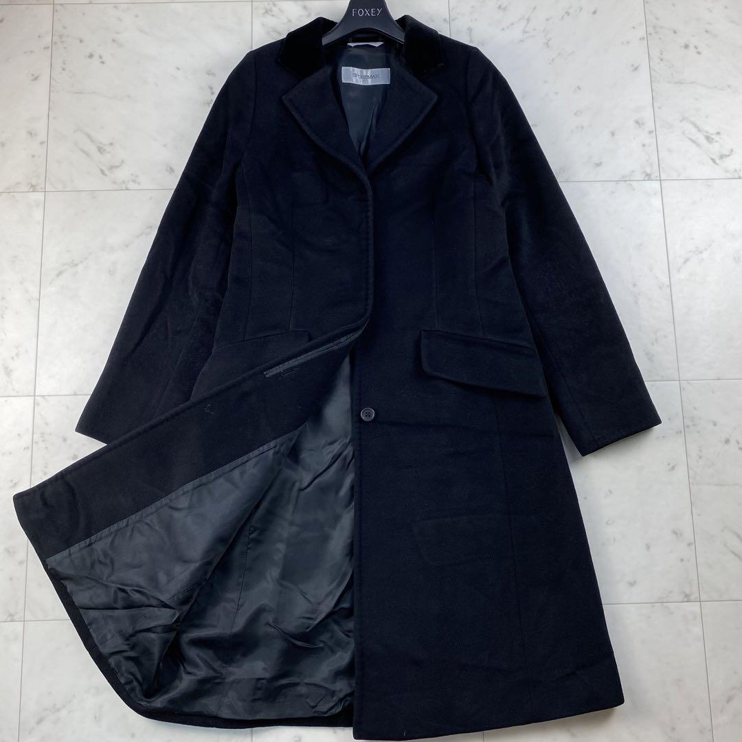 Max Mara Cashmere Blend Chester Coat Long Black Velor Collar Size 