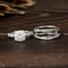 Solid 14K White Gold Moissanite Bridal Set Engagement Ring Cushion Cut 2.50 CT