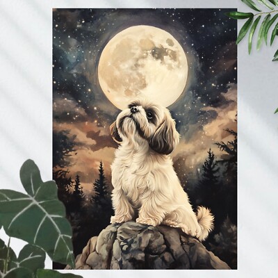 Shih Tzu Hund bei Vollmond Poster Schöne Wanddeko Dekoration