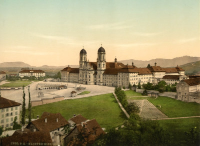 Schwyz. Einsiedeln. The monastery with schoolhouse.  Vintage photochromic photoc PZ