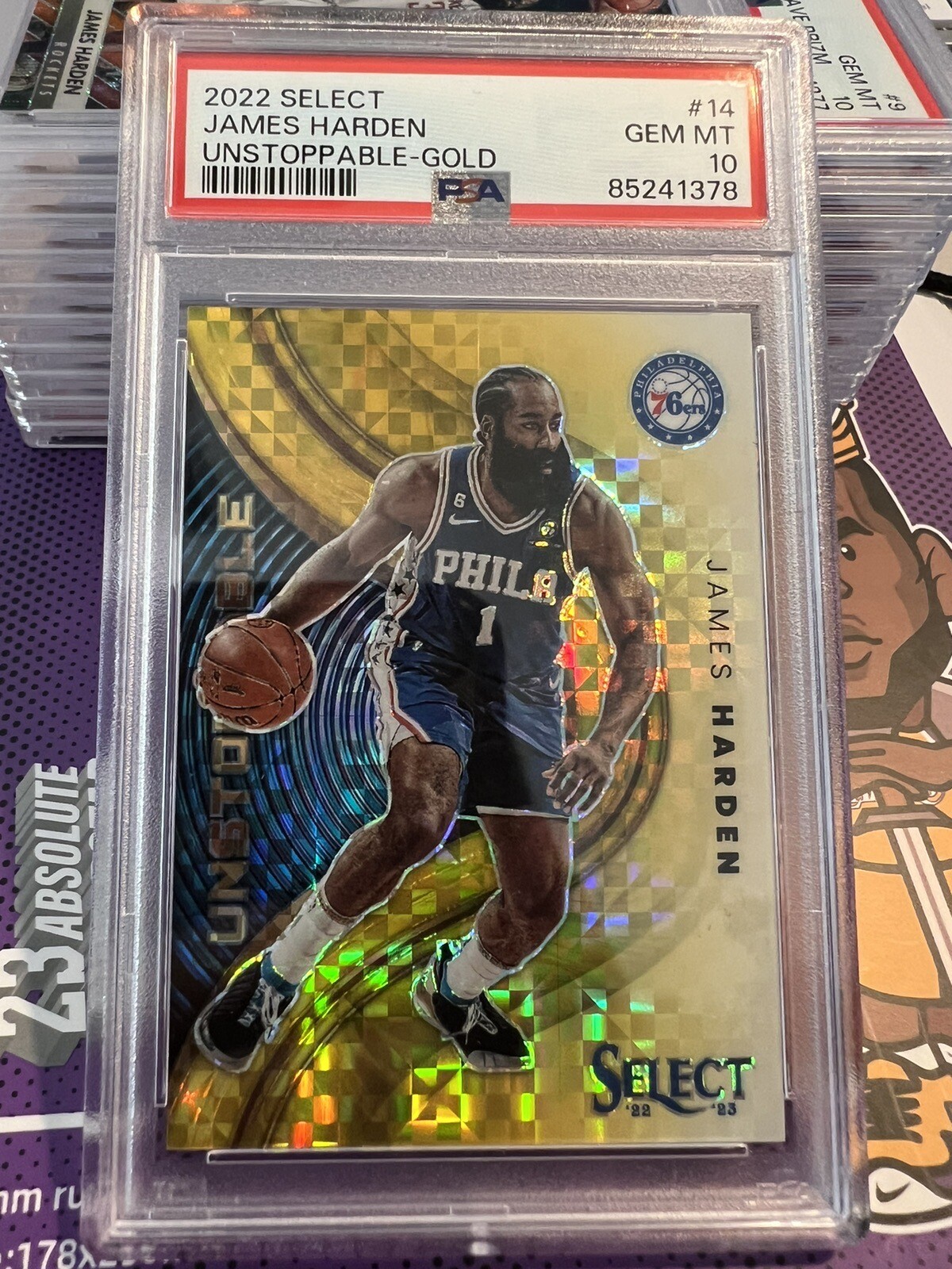 2022-23 Panini Select Unstoppable Gold Prizm #14 James Harden PSA10 Philadelphia
