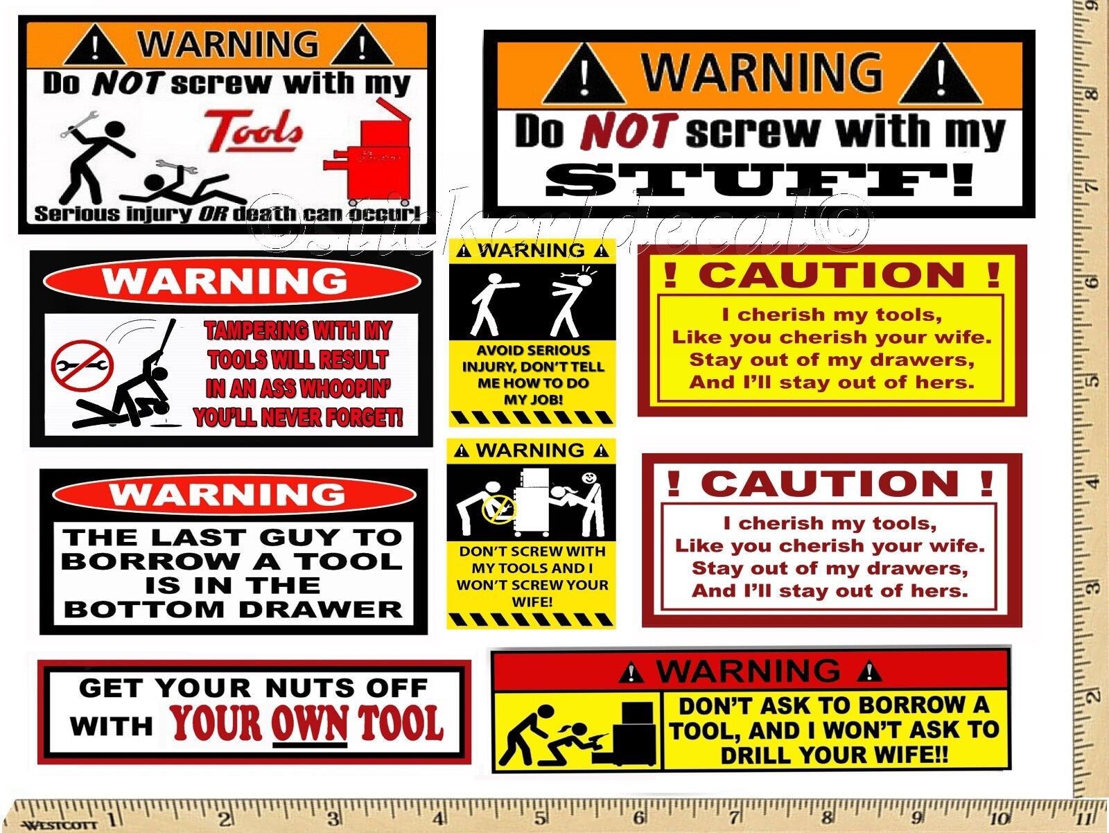Funny Warning Stickers - Complete set of 10 Decals - Great For Toolbox USA  | eBay