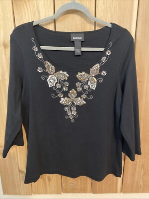 Avenue Black 3/4 Sleeve Sequined Floral Top Size 14/16 NWOT
