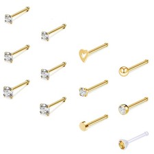 ZS 12Pcs 20G Nose Studs Rings - Surgical Steel L Gold,Straight nose rings