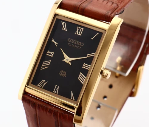 Vintage Seiko Slim Tank Quartz Men Black Face Dress Watch-Free Shipping 01