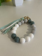 Beaded Bracelet Key Chain with Tassel, White Gray Teal, silicone