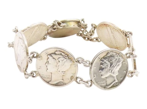925 Sterling Silver Vintage Bracelet Modernist US One Dime Coin Link  BT12039