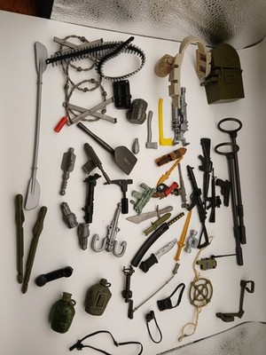 12 inch Action figures, accessories, canteens, knives, guns. Bullets Backpacks.