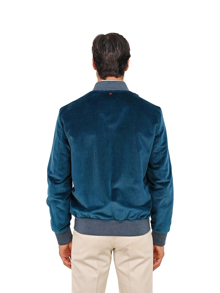 $3800 ISAIA NAPOLI Petrol Blue Bomber Jacket Velvet Cotton / Linen 38 US / 48 EU - Image 3 of 4