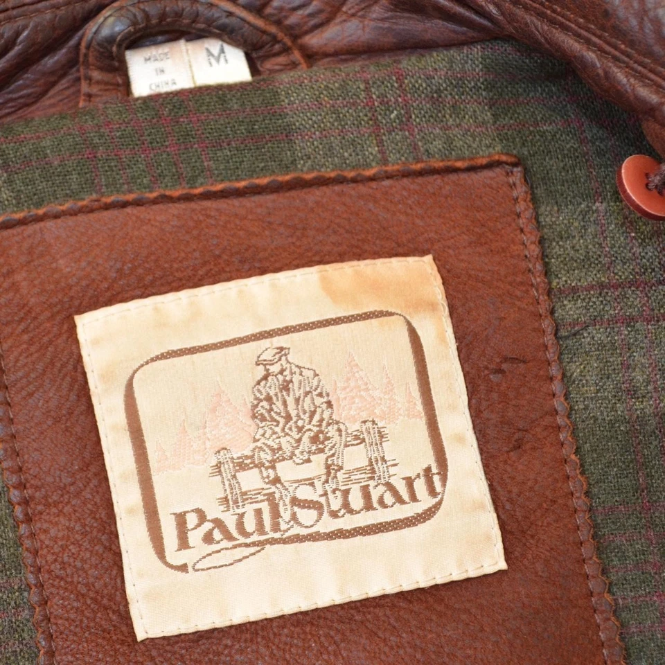 VTG 1990s Paul Stuart medium flannel lined cognac brown oversized leather jacket - Image 2 of 4