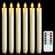 6 Pcs Flameless Taper Candles with Remote Timer Dimmer, 9.6 Inches Ivory Plastic