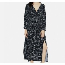 Sanctuary Blue Black Polka Dot Front Slit V-Neck Midi Dress Medium